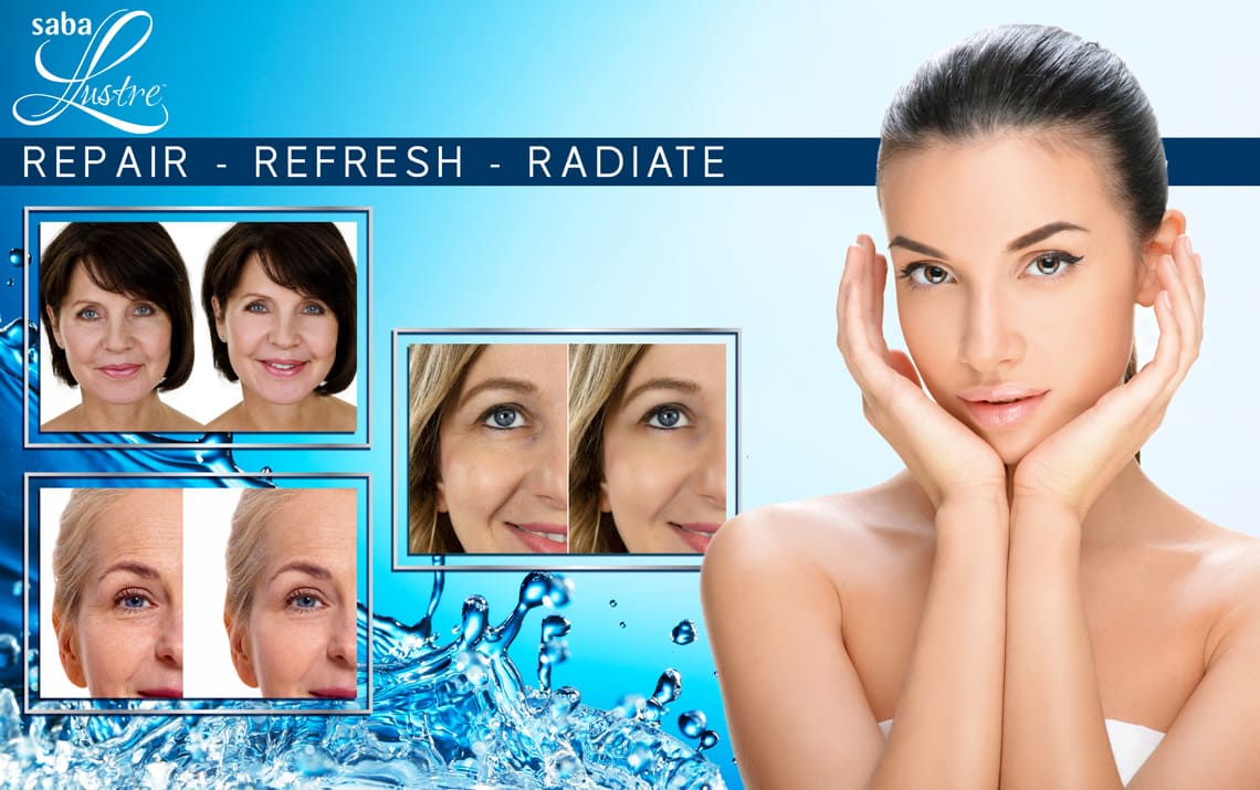 A woman with glowing skin touching her face, with before-and-after skincare results